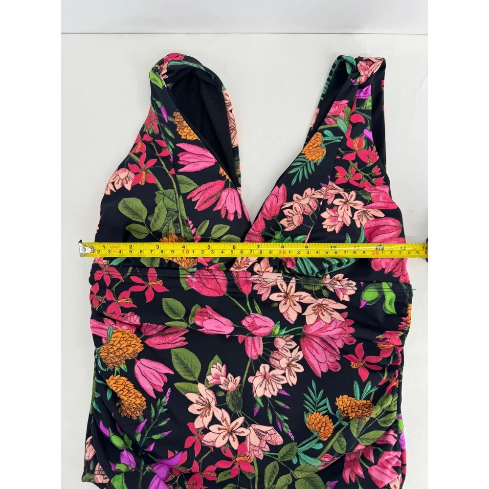 Time And Tru Slimming Silhouette One Piece‎ Swimsuit Black Pink Tropical Sz M